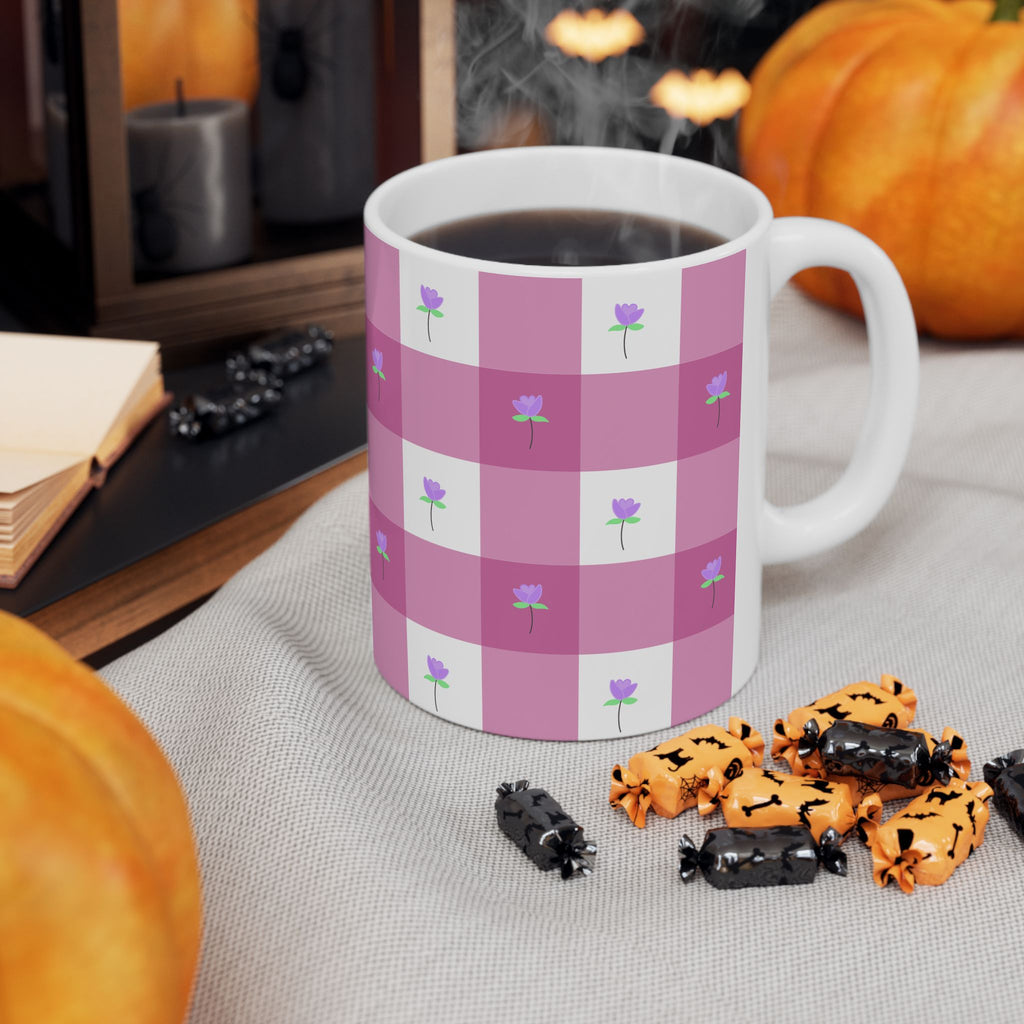 Pink Gingham FloralTulip Ceramic Mug (11oz & 15oz) - Cute Tulip Pattern