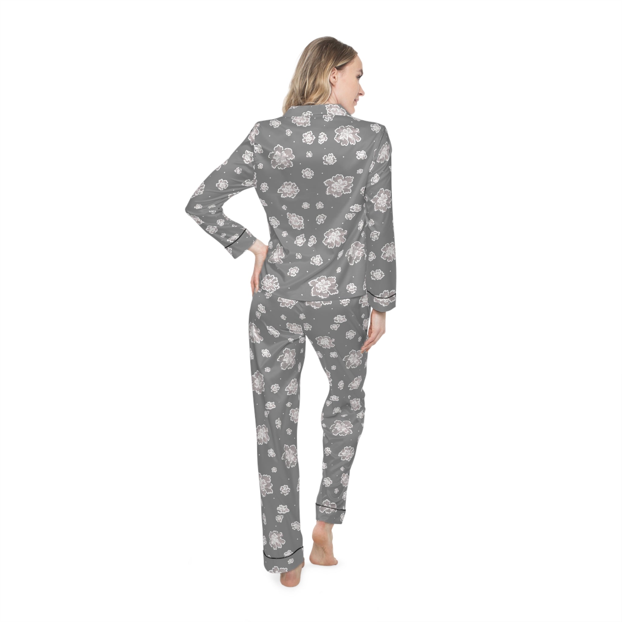 Women's Satin Pajamas — Grey Floral Satin Sleep Set