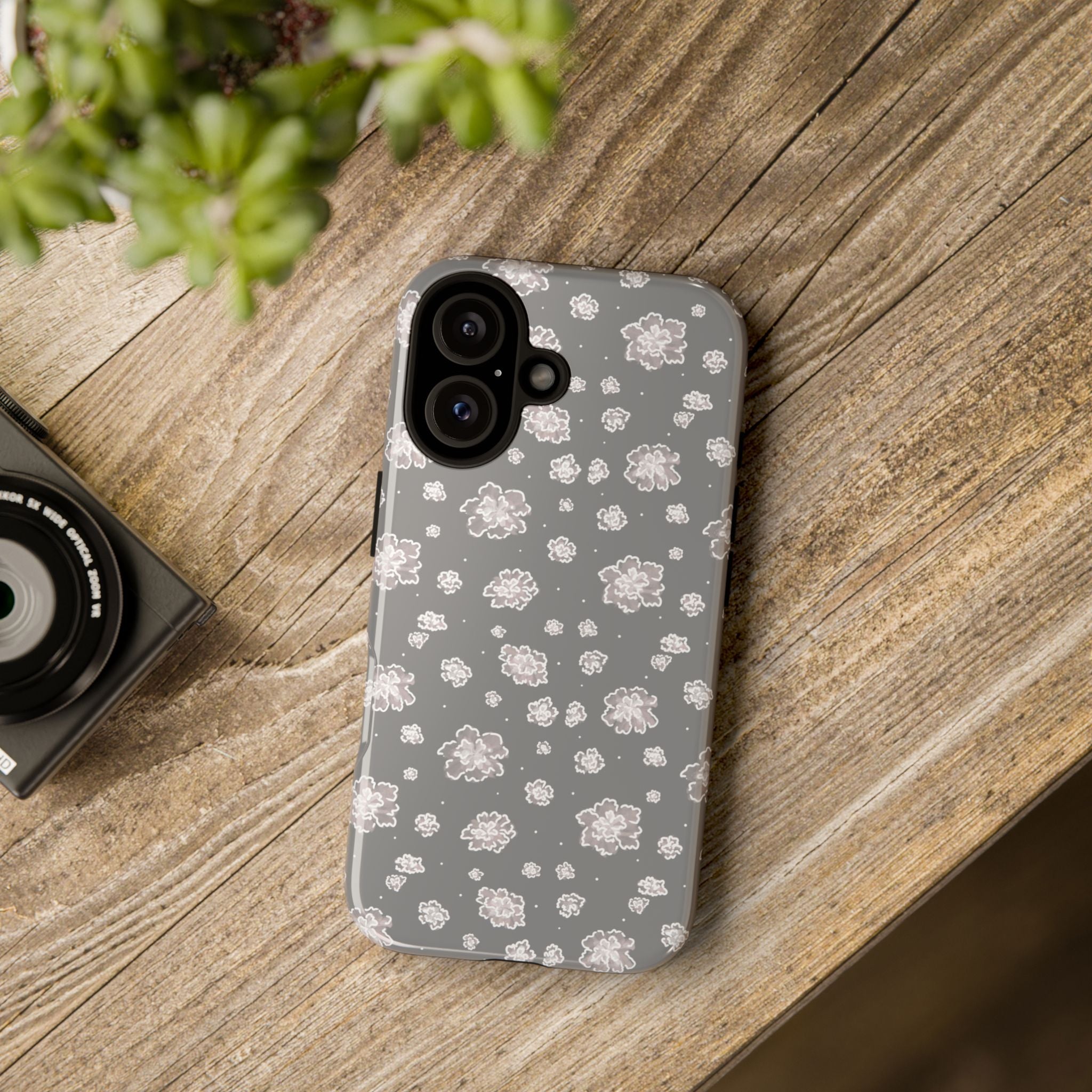 Floral Grey Tough Phone Case – Protective Slim Case with White Blossom Pattern