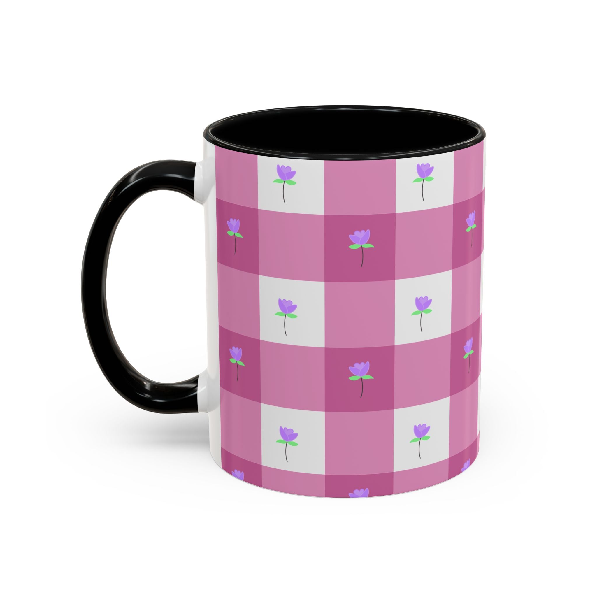 Pink Gingham Tulip Heart Floral Accent Coffee Mug – Cute Purple Rose Pattern (11/15 oz)