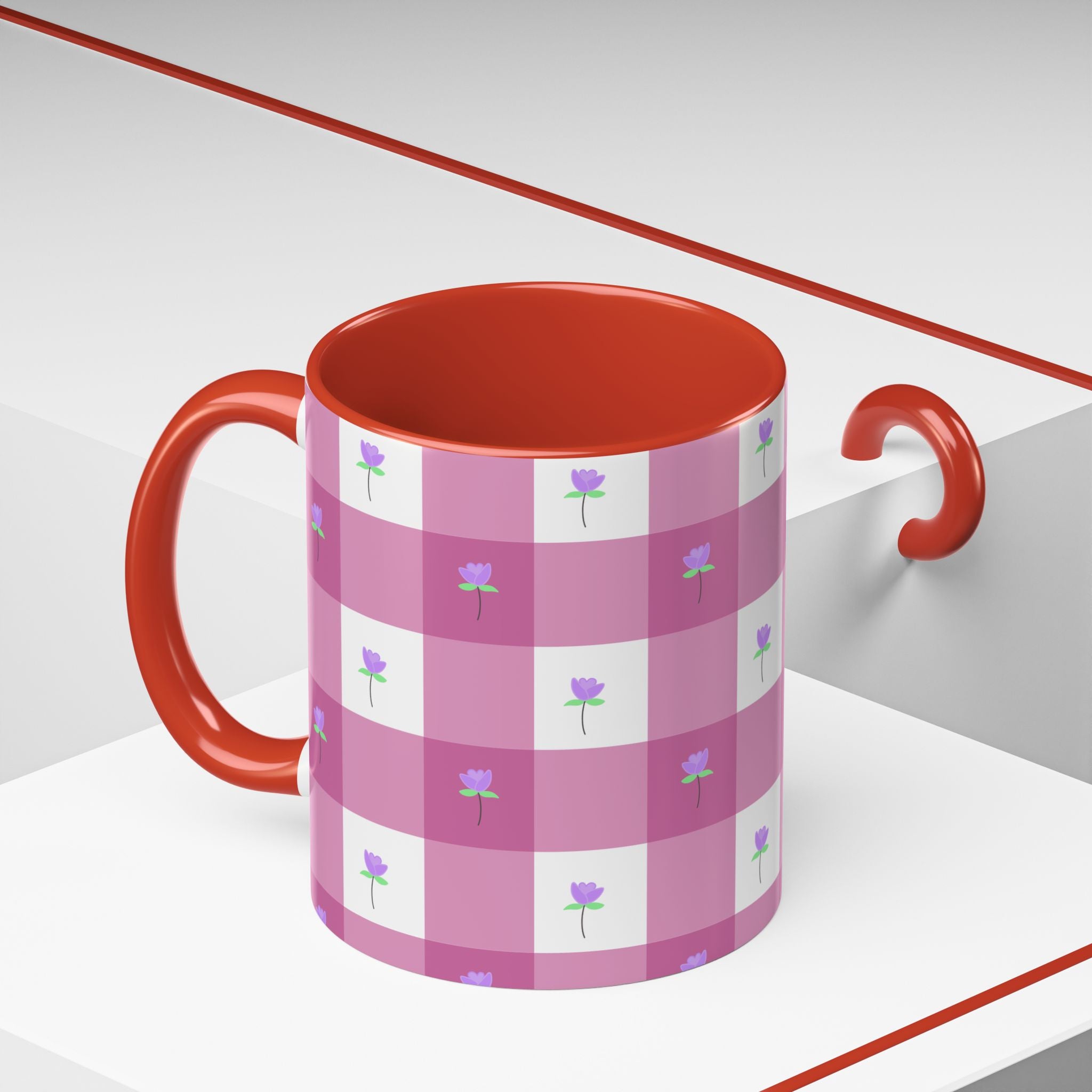Pink Gingham Tulip Heart Floral Accent Coffee Mug – Cute Purple Rose Pattern (11/15 oz)