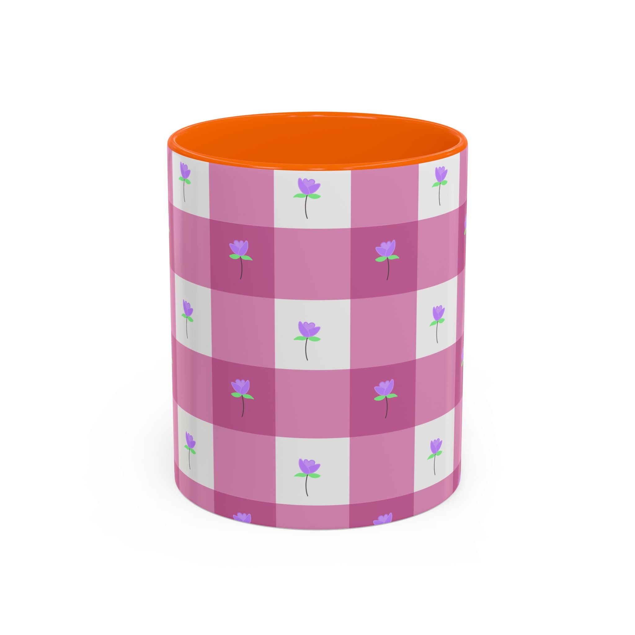 Pink Gingham Tulip Heart Floral Accent Coffee Mug – Cute Purple Rose Pattern (11/15 oz)