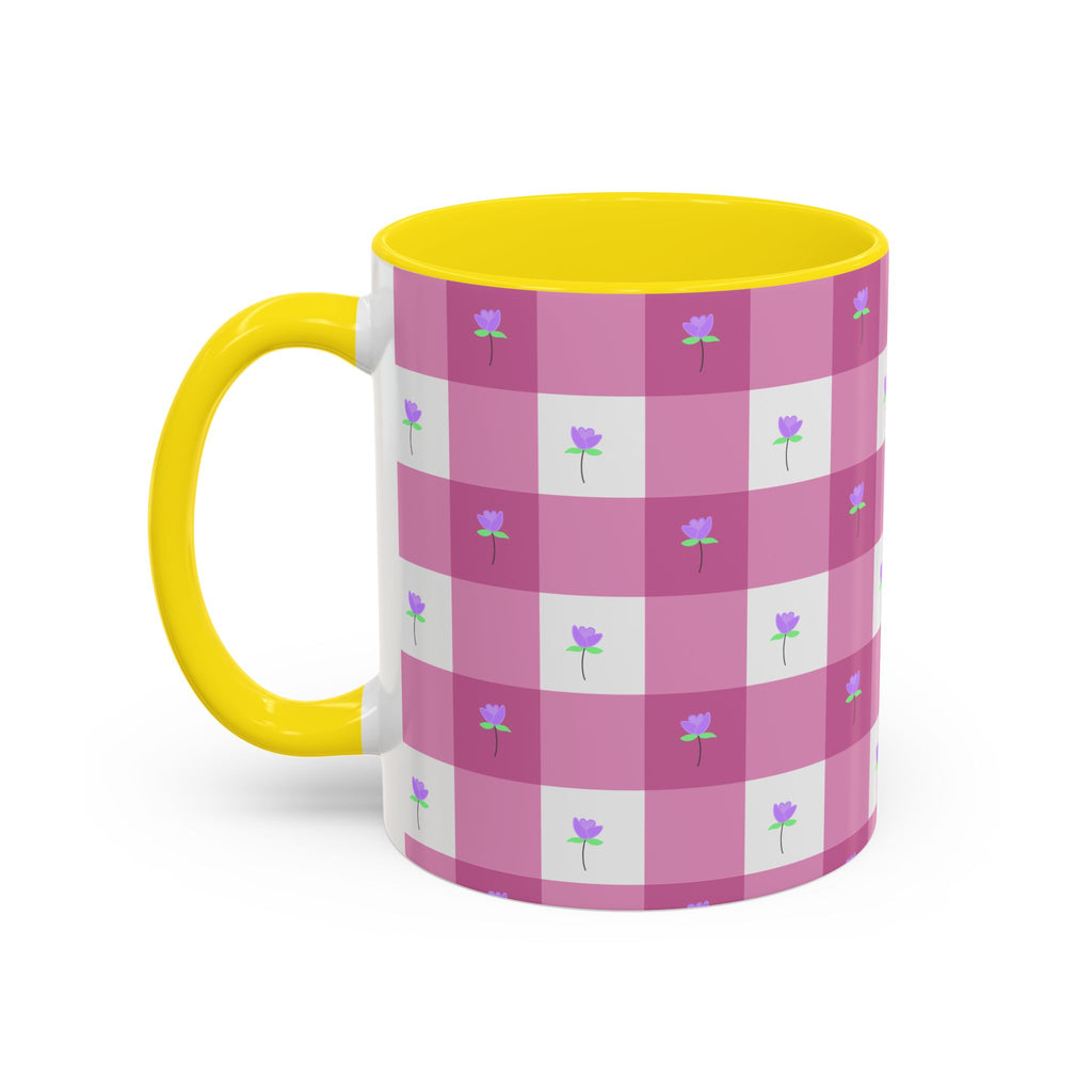 Pink Gingham Floral Tulip Accent Coffee Mug — Cute Purple Rose Pattern (11/15oz)