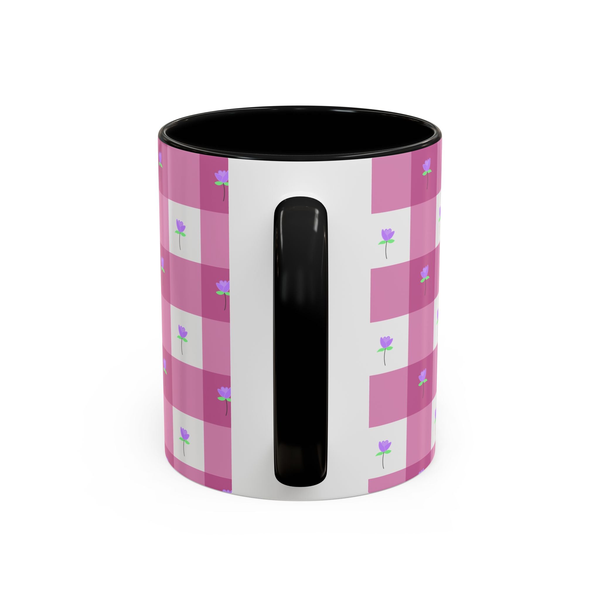 Pink Gingham Floral Tulip Accent Coffee Mug — Cute Purple Rose Pattern (11/15oz)
