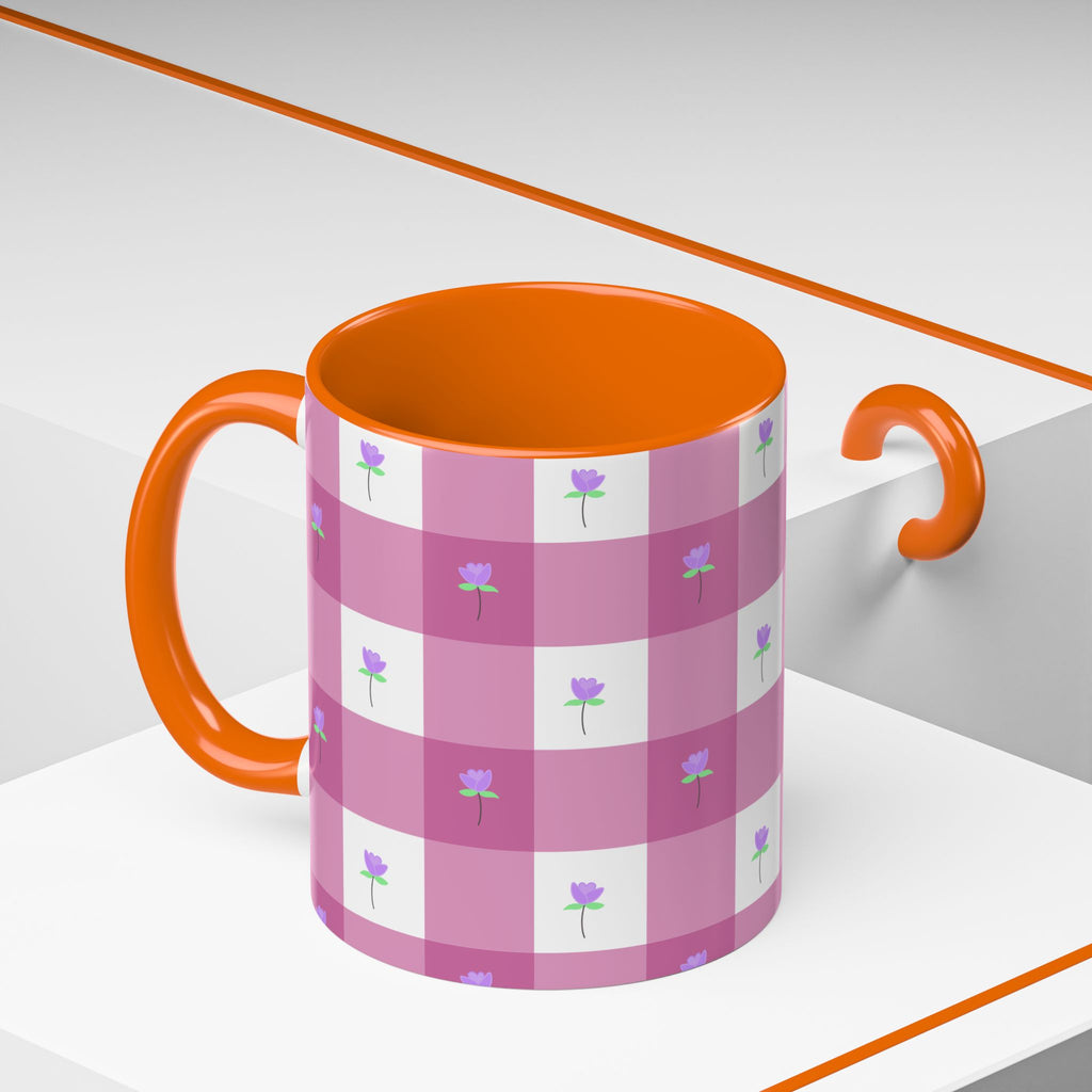 Pink Gingham Tulip Heart Floral Accent Coffee Mug – Cute Purple Rose Pattern (11/15 oz)