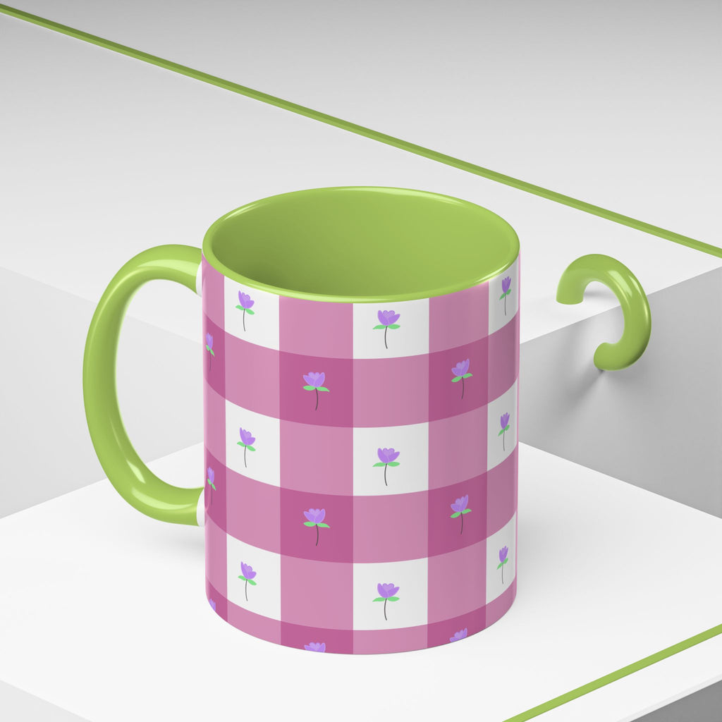 Pink Gingham Tulip Heart Floral Accent Coffee Mug – Cute Purple Rose Pattern (11/15 oz)