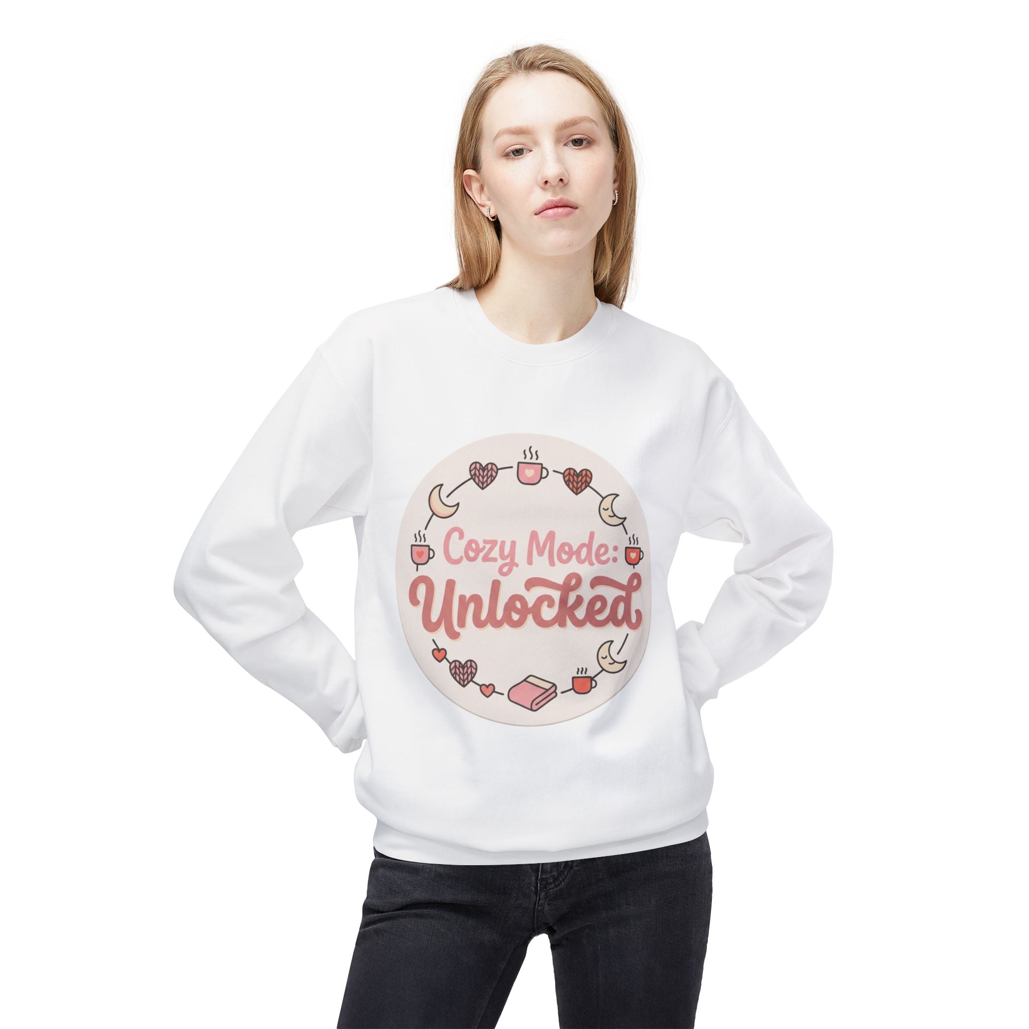 Crewneck Sweatshirt — "Cozy Mode: Unlocked" Cute Pastel Lounge Pullover