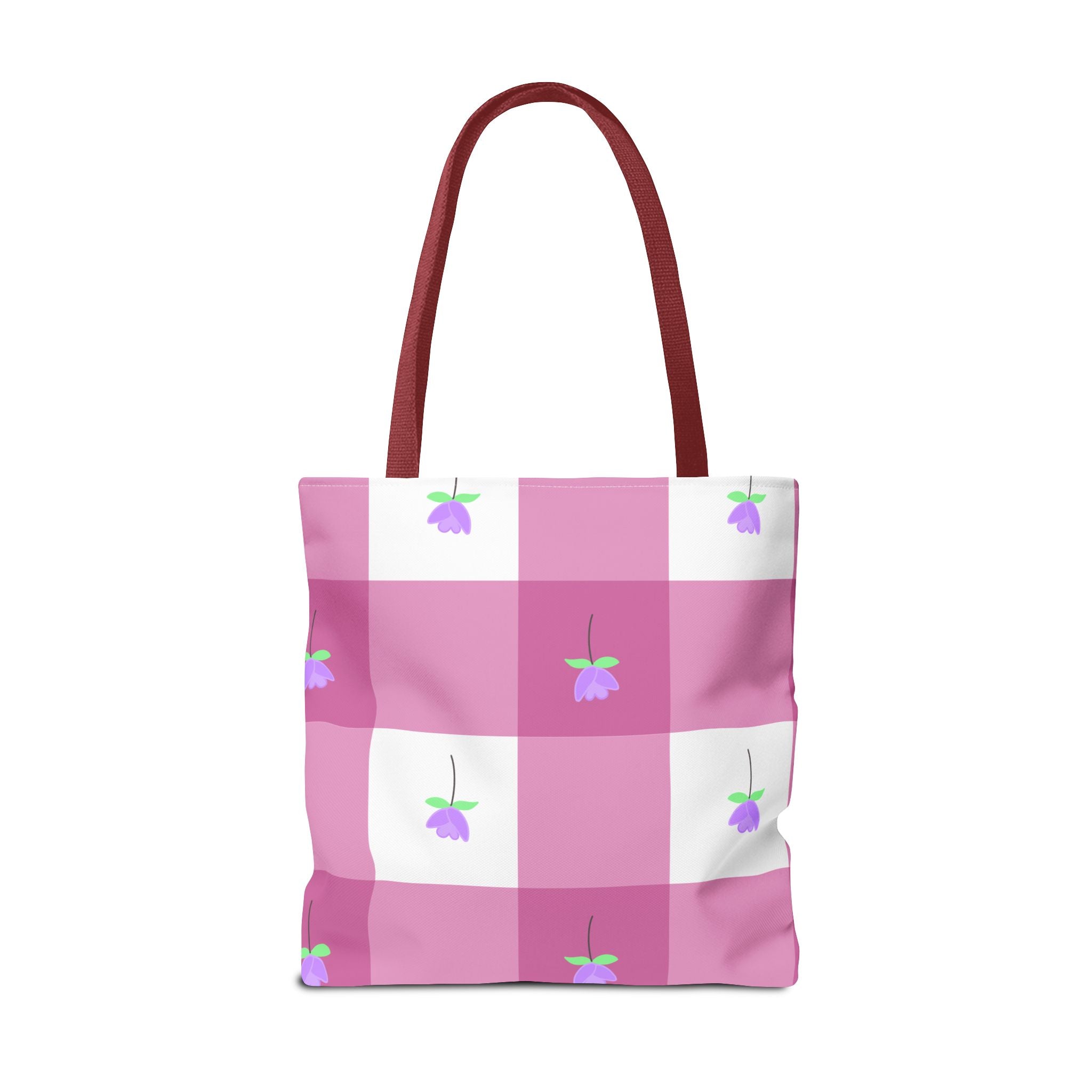 Pink Gingham Tulip Floral Tote Bag — Cute Checkered All-Over Print Tote