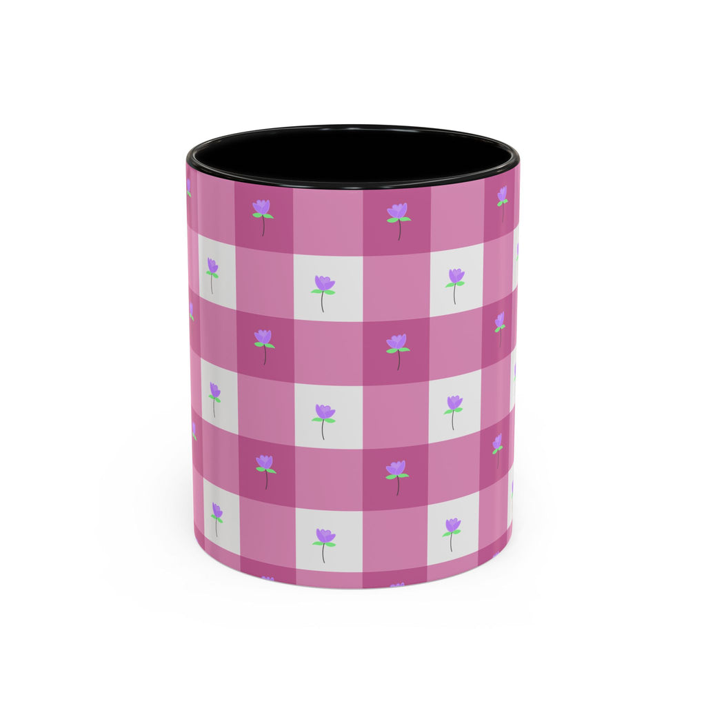 Pink Gingham Floral Tulip Accent Coffee Mug — Cute Purple Rose Pattern (11/15oz)