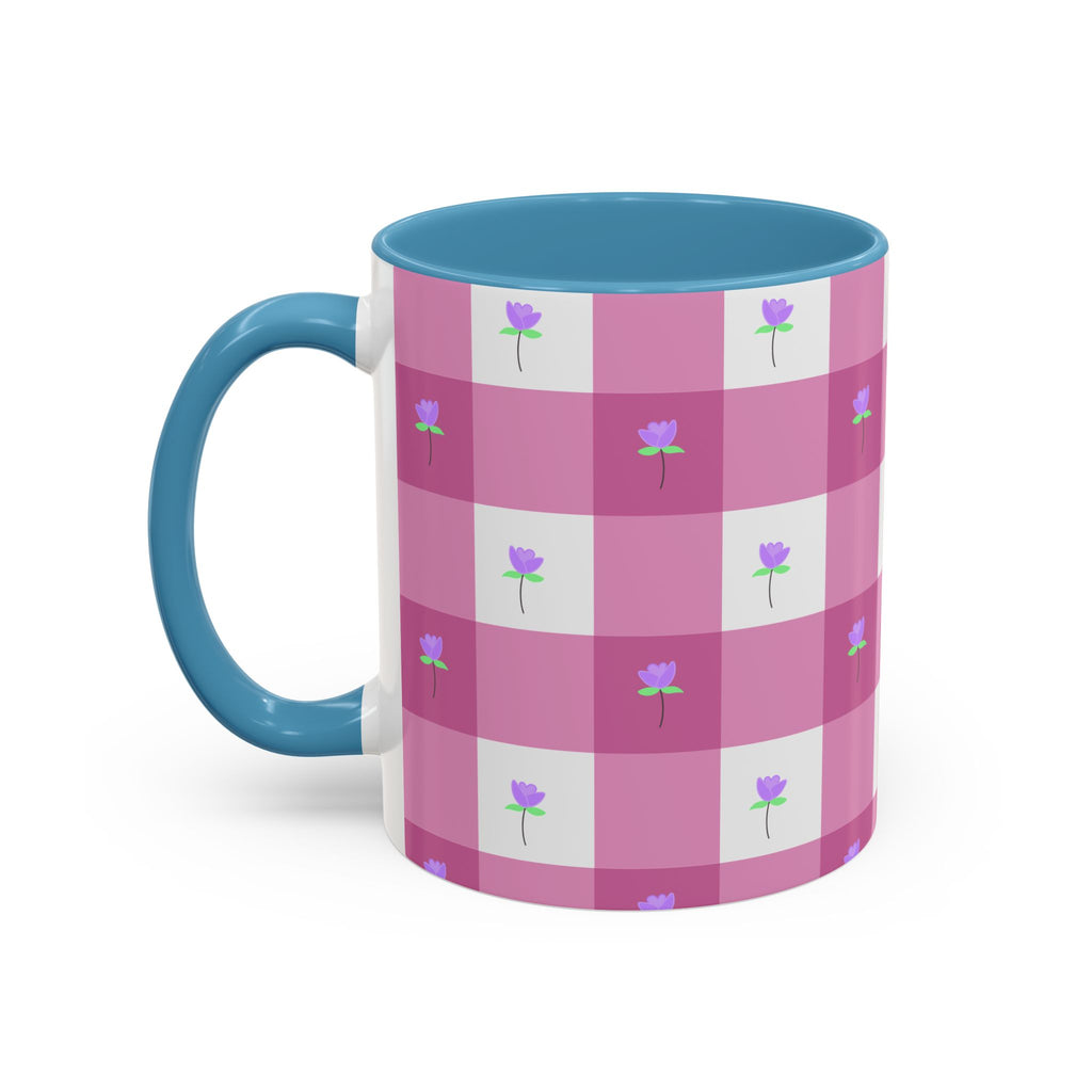 Pink Gingham Tulip Heart Floral Accent Coffee Mug – Cute Purple Rose Pattern (11/15 oz)