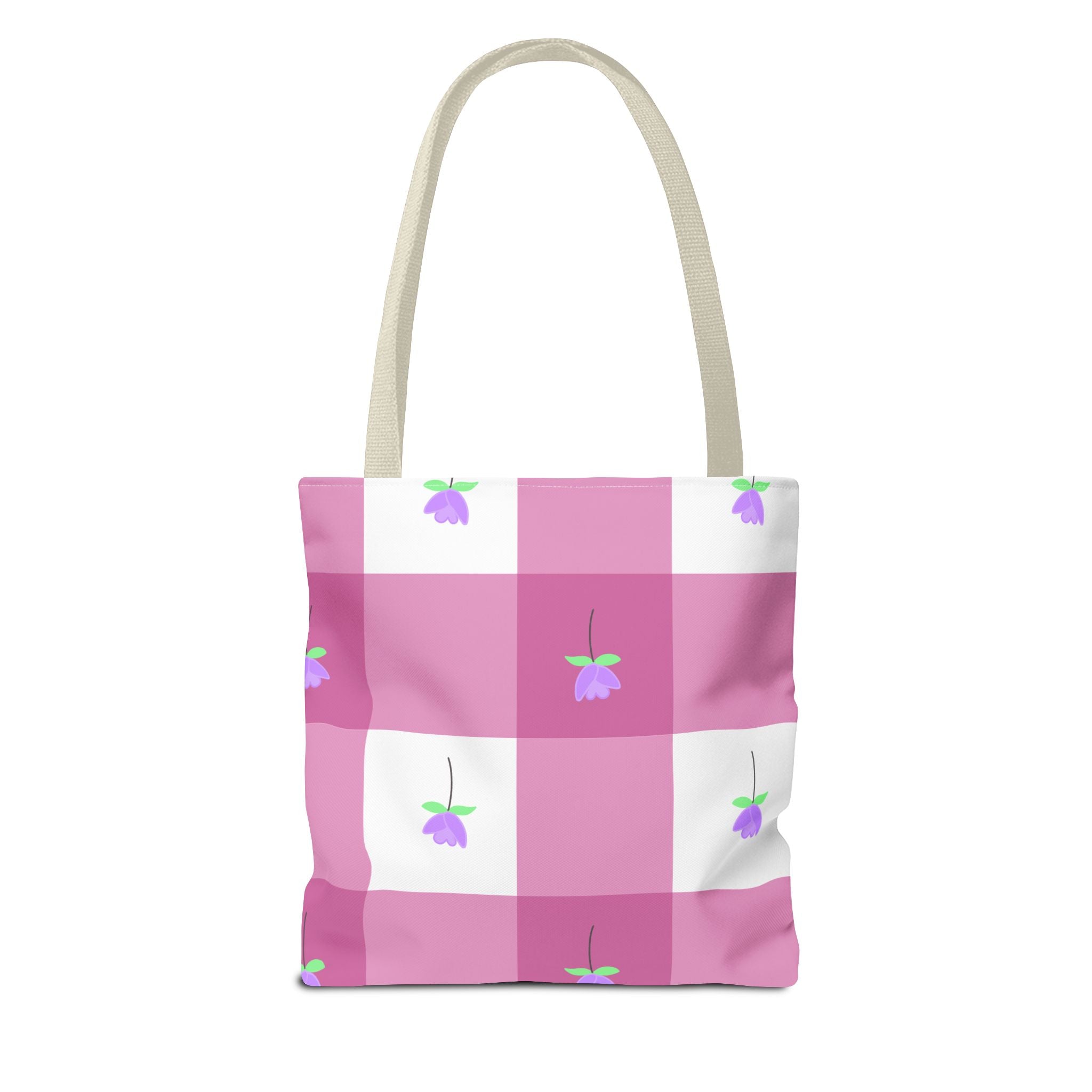Pink Gingham Tulip Floral Tote Bag — Cute Checkered All-Over Print Tote