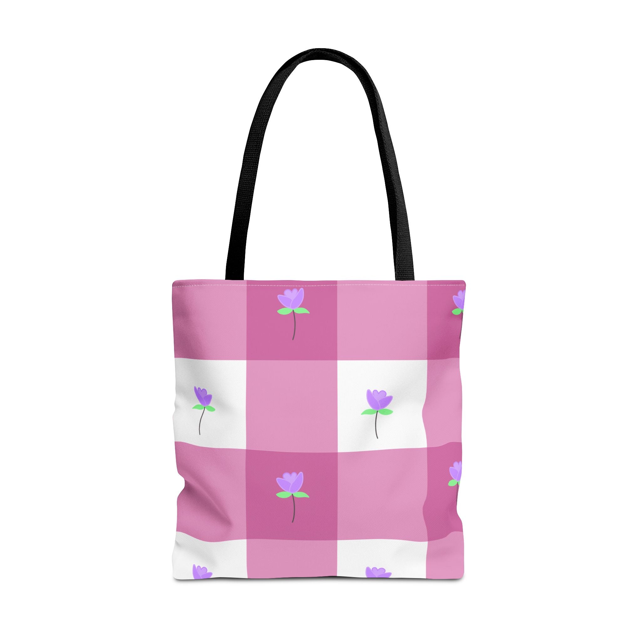 Pink Gingham Tulip Floral Tote Bag — Cute Checkered All-Over Print Tote