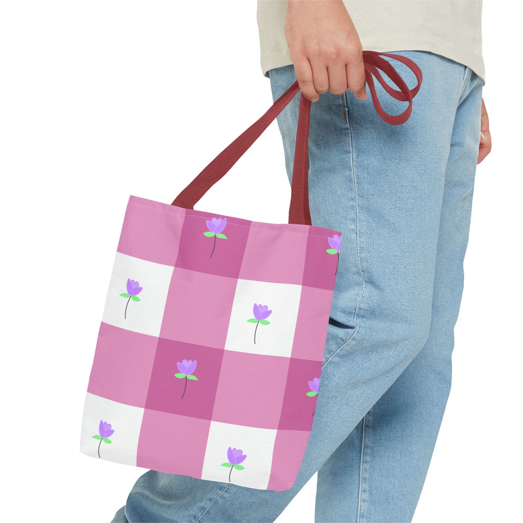 Pink Gingham Tulip Floral Tote Bag — Cute Checkered All-Over Print Tote
