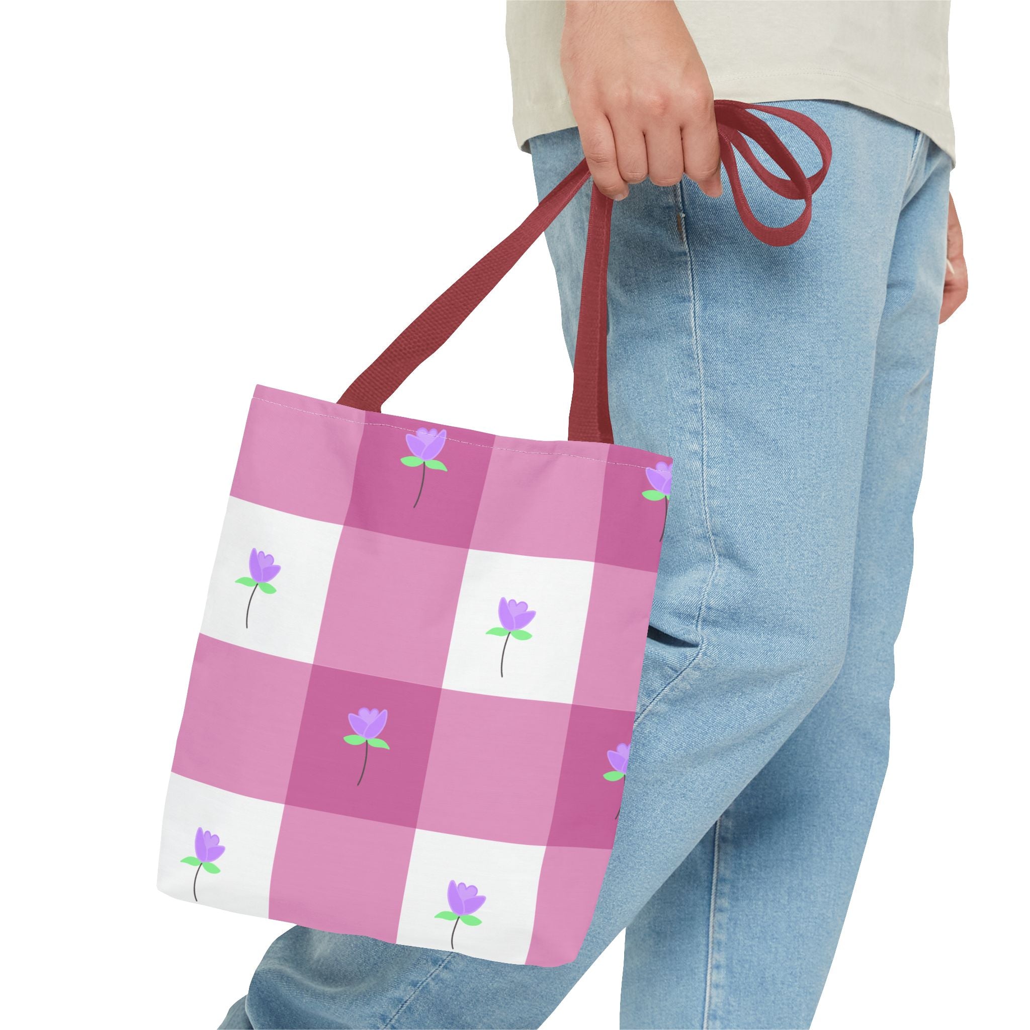 Pink Gingham Tulip Floral Tote Bag — Cute Checkered All-Over Print Tote