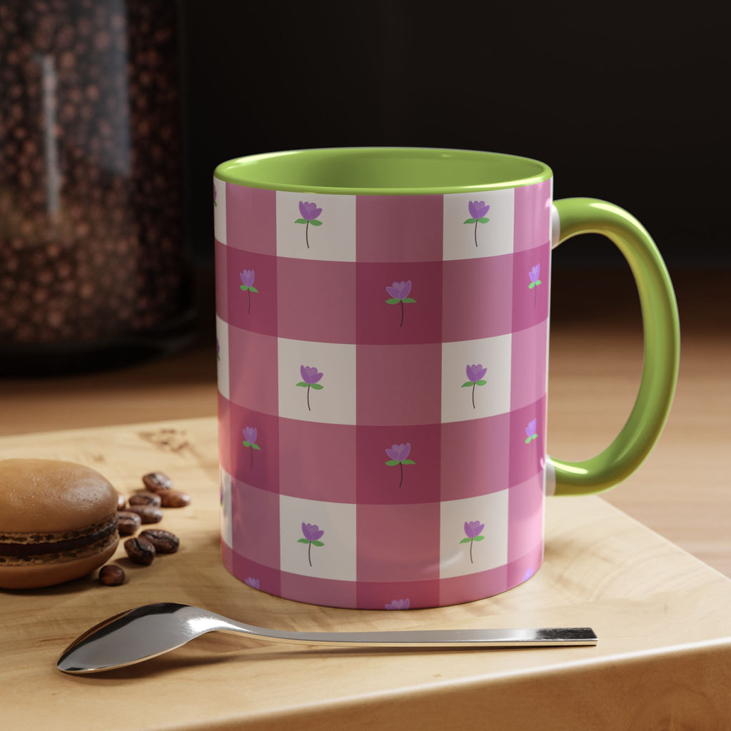 Pink Gingham Tulip Heart Floral Accent Coffee Mug – Cute Purple Rose Pattern (11/15 oz)
