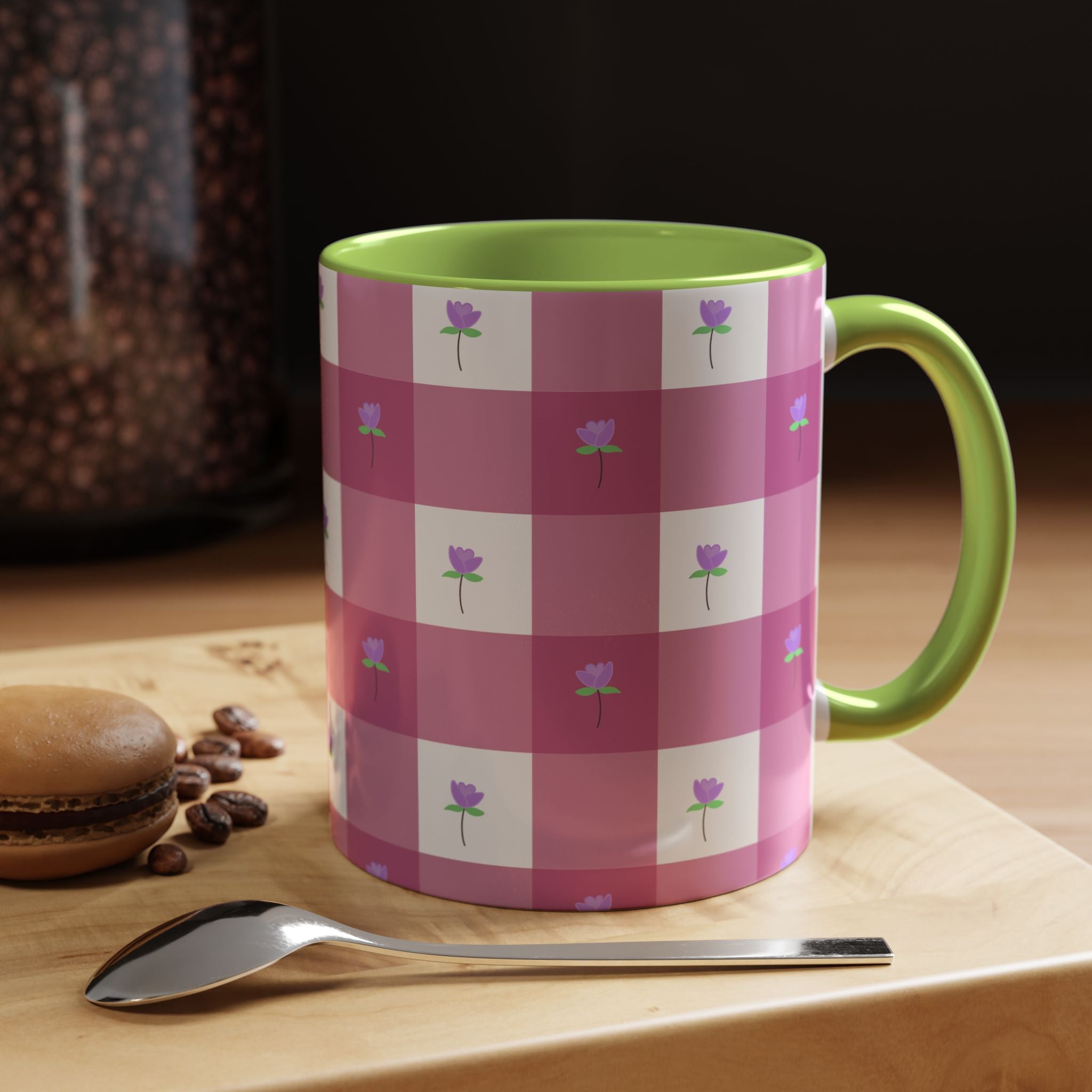 Pink Gingham Tulip Heart Floral Accent Coffee Mug – Cute Purple Rose Pattern (11/15 oz)
