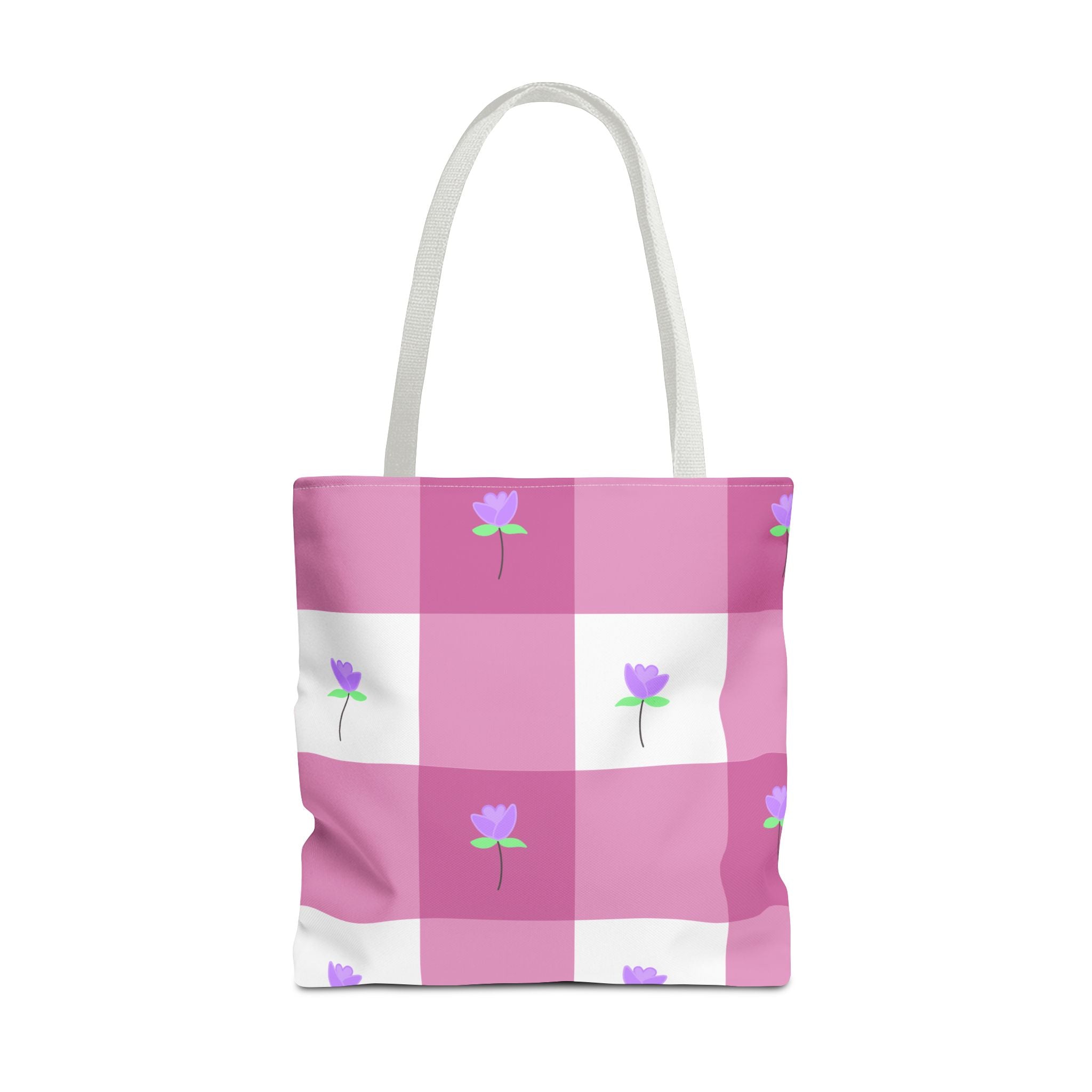 Pink Gingham Tulip Floral Tote Bag — Cute Checkered All-Over Print Tote