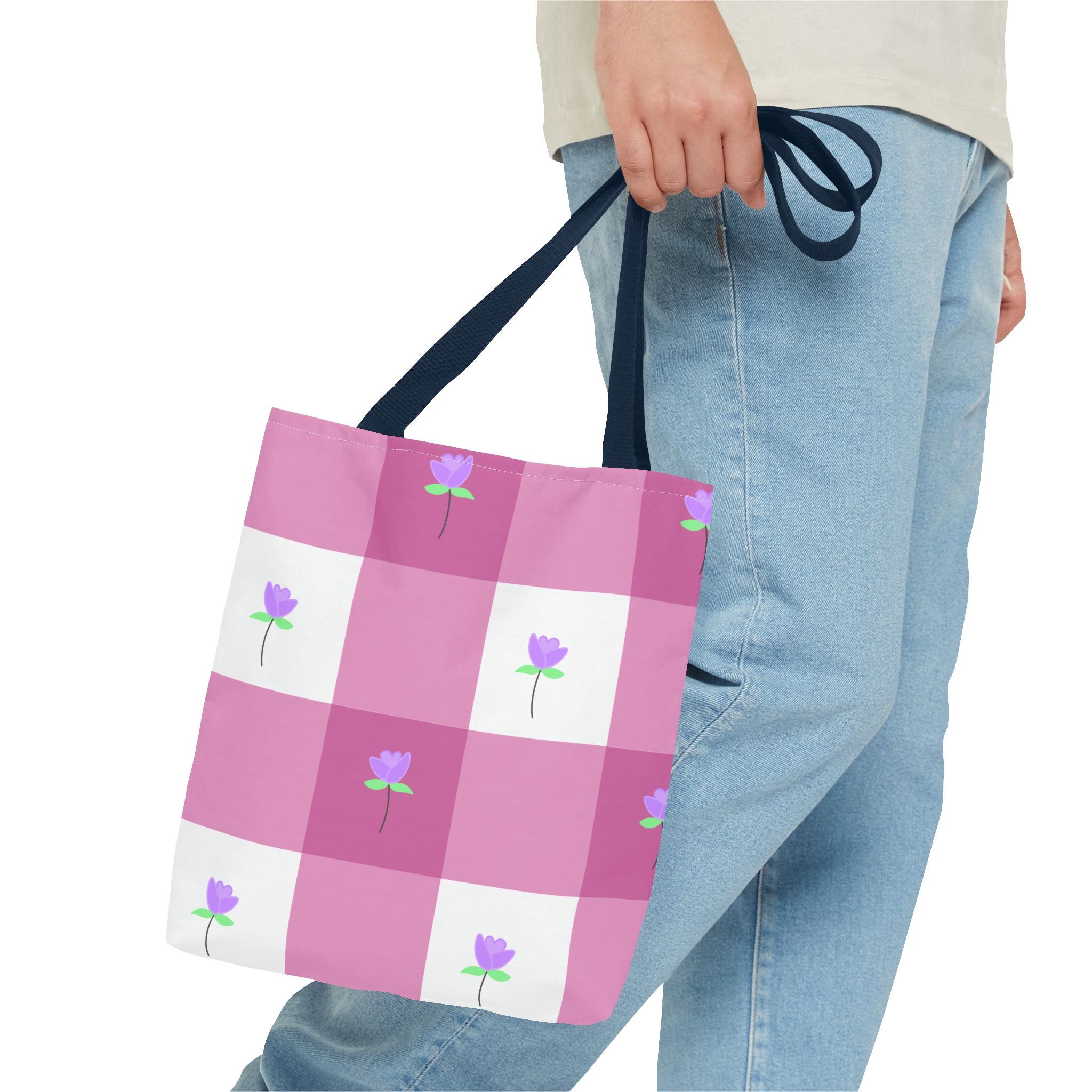 Pink Gingham Tulip Floral Tote Bag — Cute Checkered All-Over Print Tote