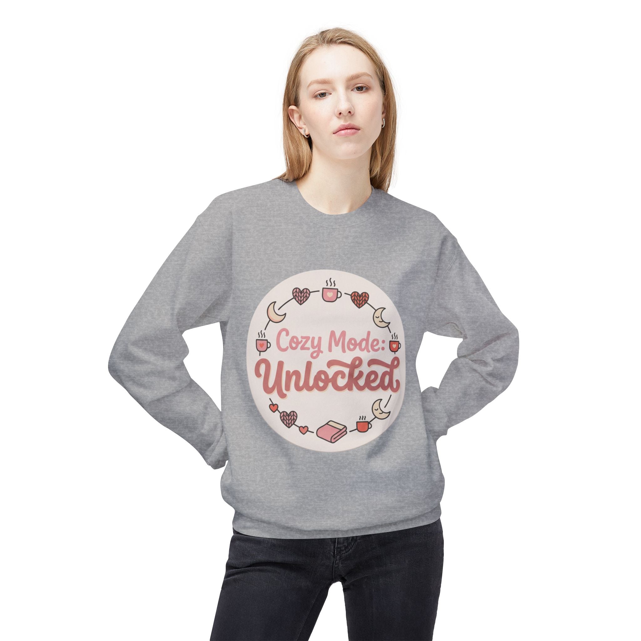 Crewneck Sweatshirt — "Cozy Mode: Unlocked" Cute Pastel Lounge Pullover