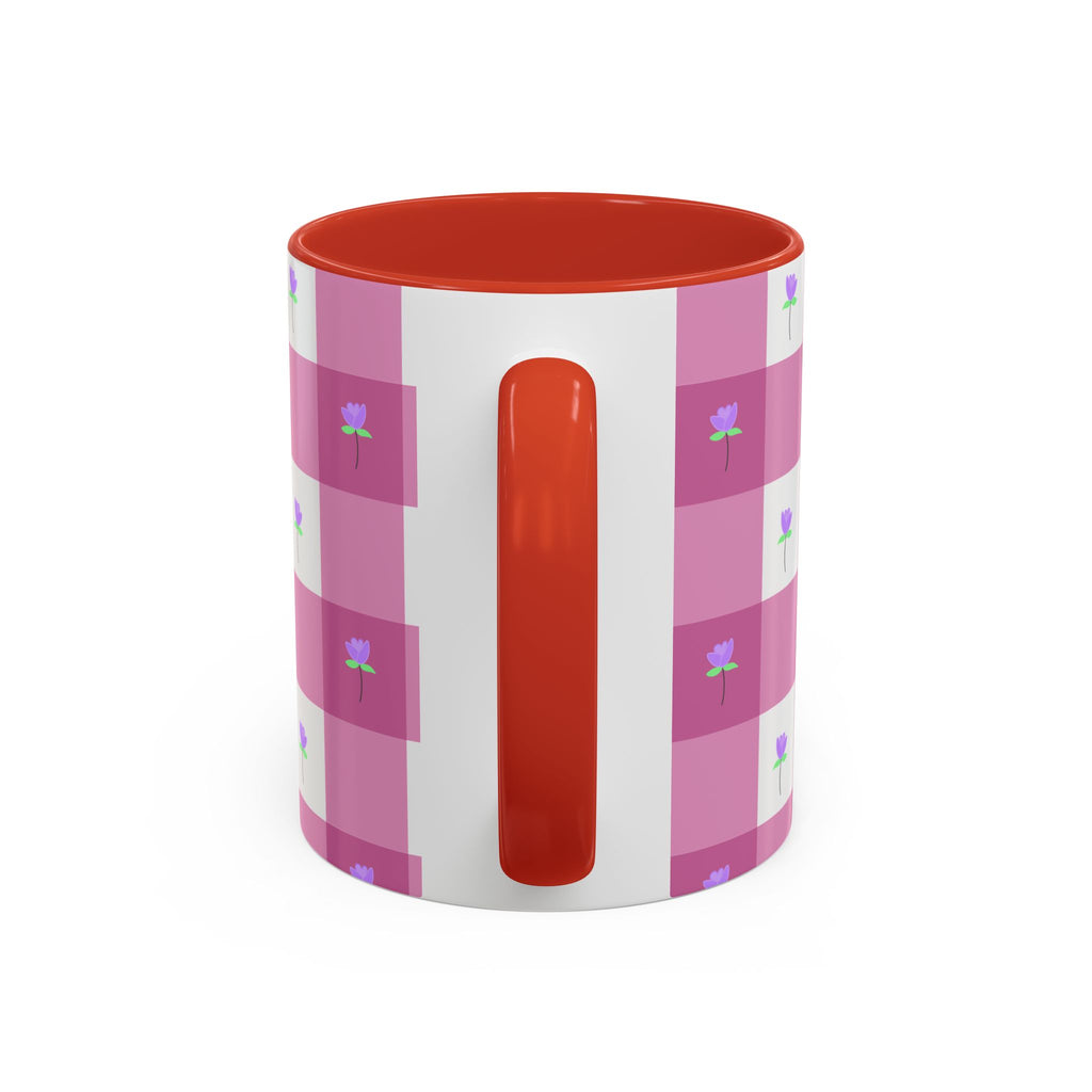 Pink Gingham Tulip Heart Floral Accent Coffee Mug – Cute Purple Rose Pattern (11/15 oz)