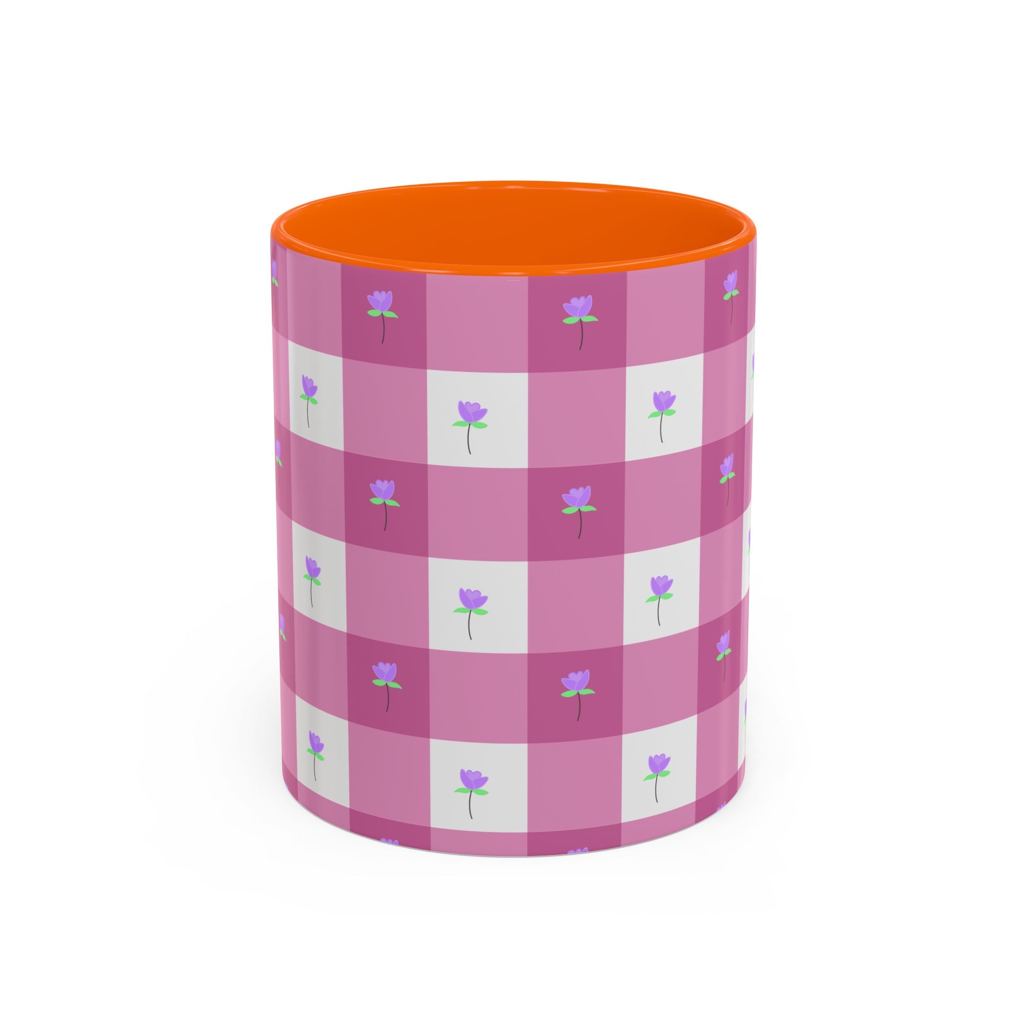 Pink Gingham Floral Tulip Accent Coffee Mug — Cute Purple Rose Pattern (11/15oz)