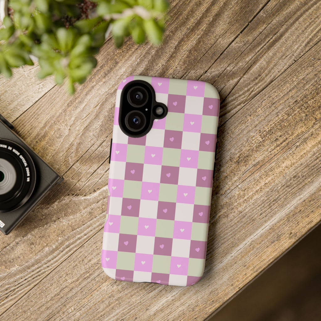 Pink Checkered Phone Case with Tiny Hearts — Cute Pastel Grid iPhone Case