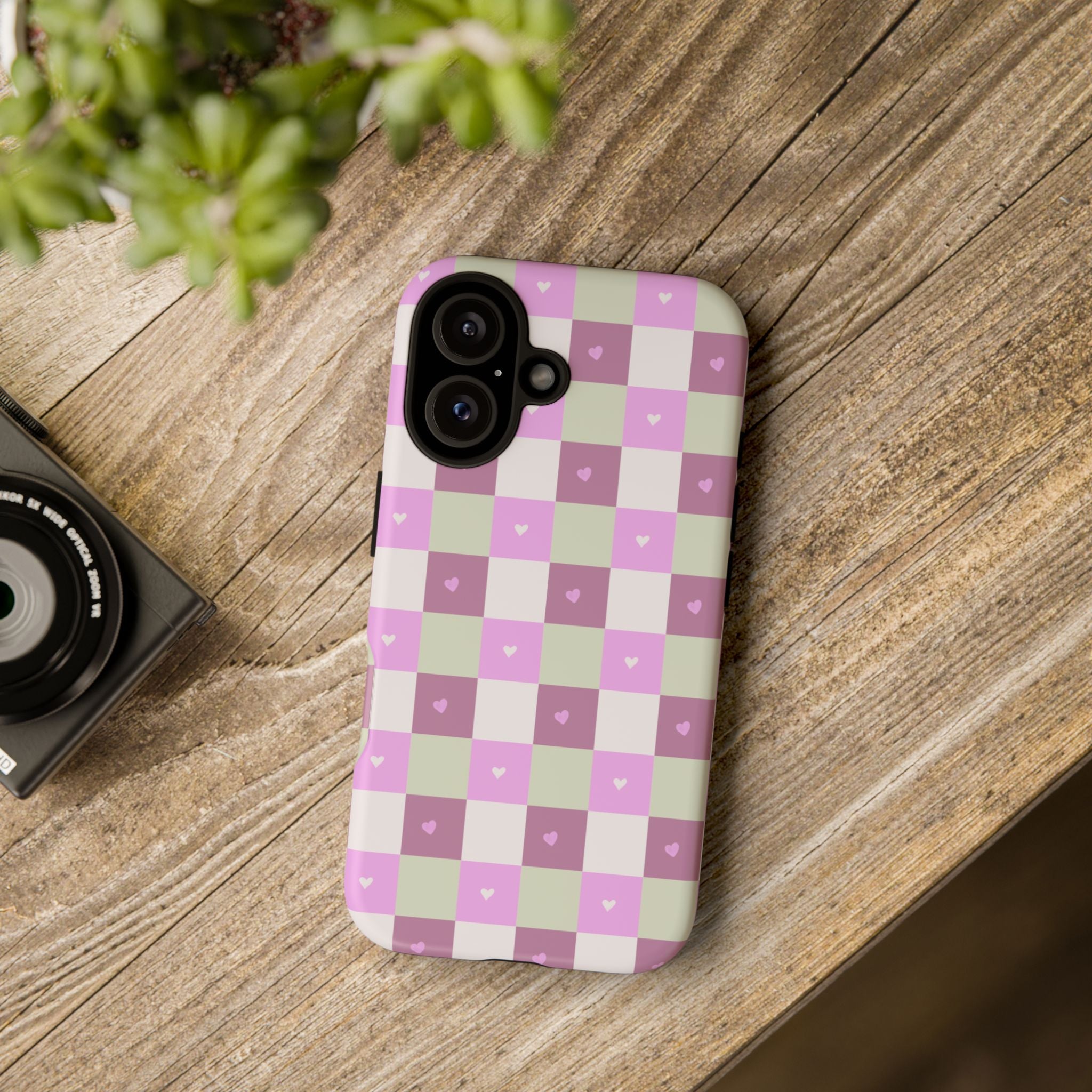 Pink Checkered Phone Case with Tiny Hearts — Cute Pastel Grid iPhone Case