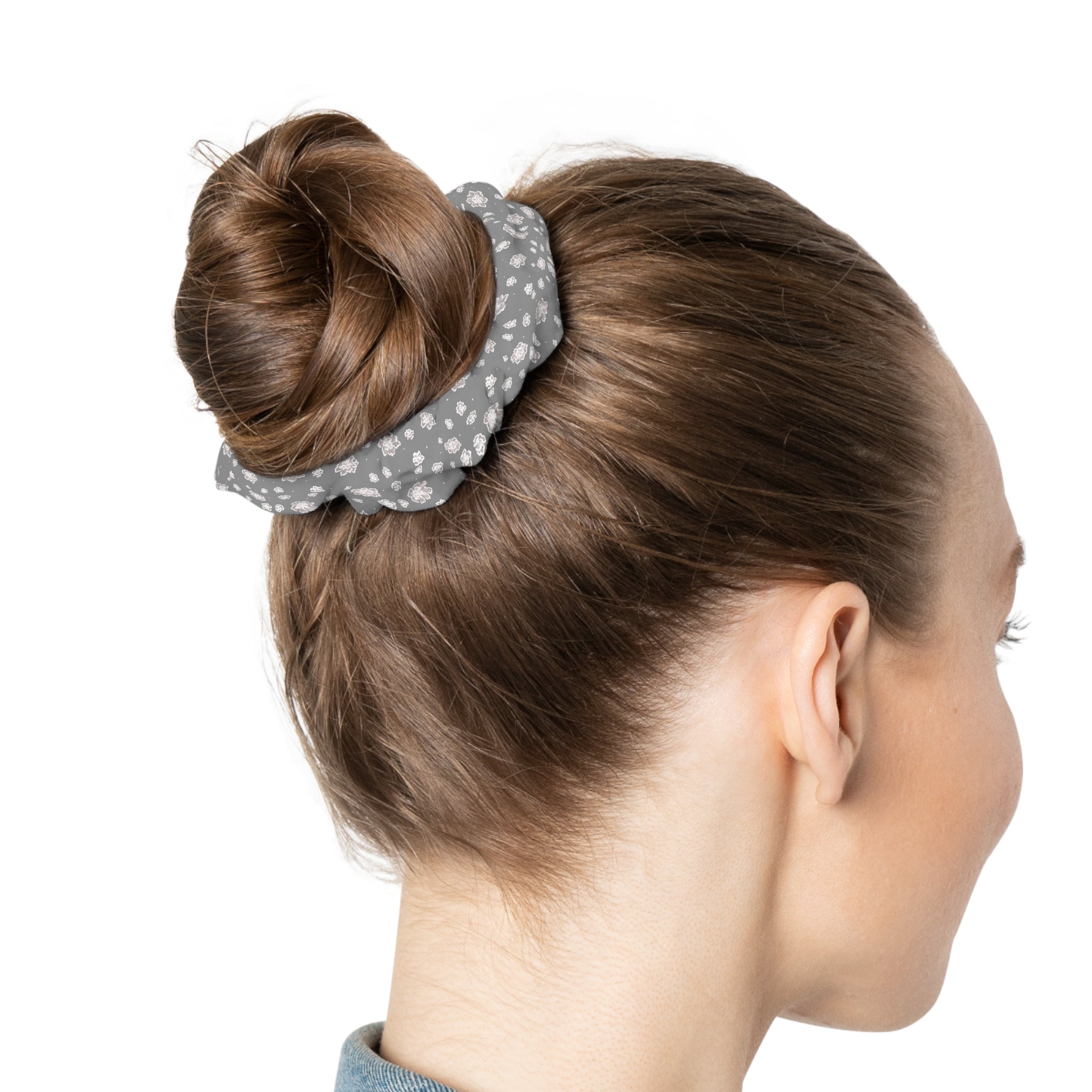 Floral Gray Scrunchie — Soft Rose Pattern Hair Tie for Everyday Wear