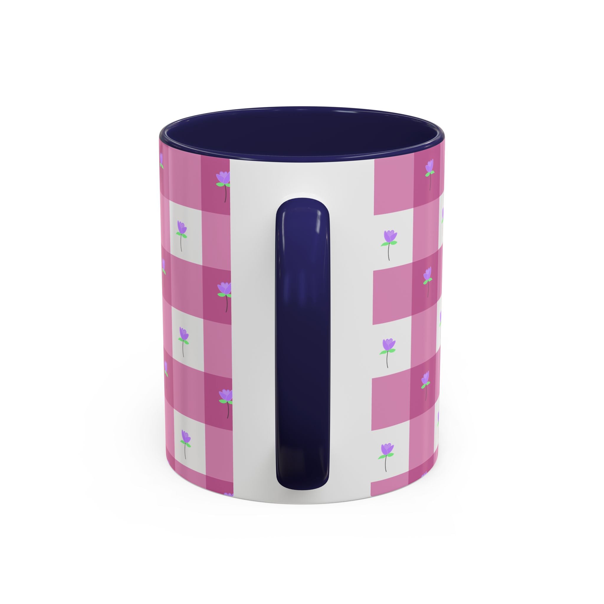 Pink Gingham Floral Tulip Accent Coffee Mug — Cute Purple Rose Pattern (11/15oz)