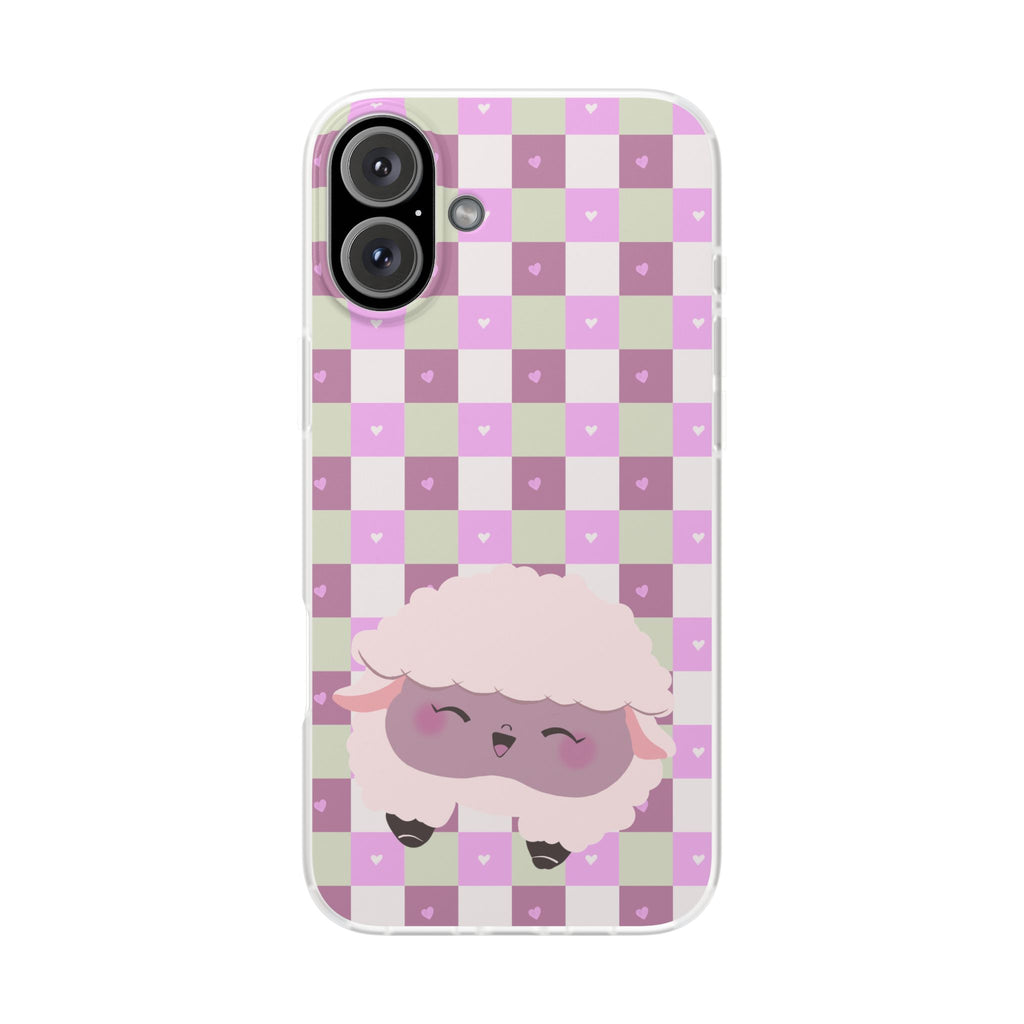 Cute Pastel Sammy the Sheep Phone Case – Pink Checkered Flexi Case