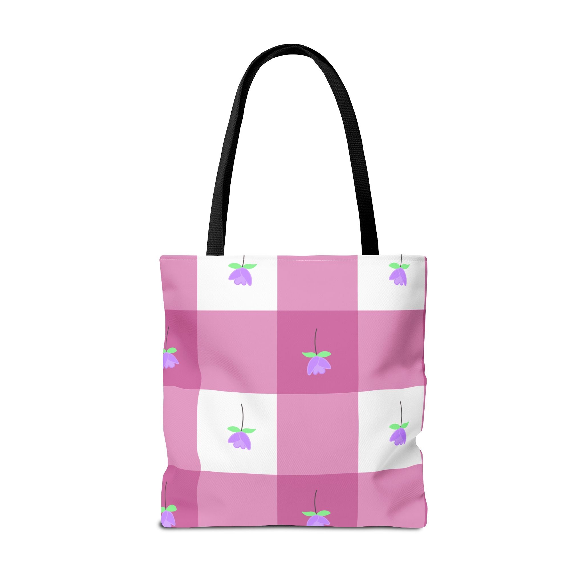 Pink Gingham Tulip Floral Tote Bag — Cute Checkered All-Over Print Tote