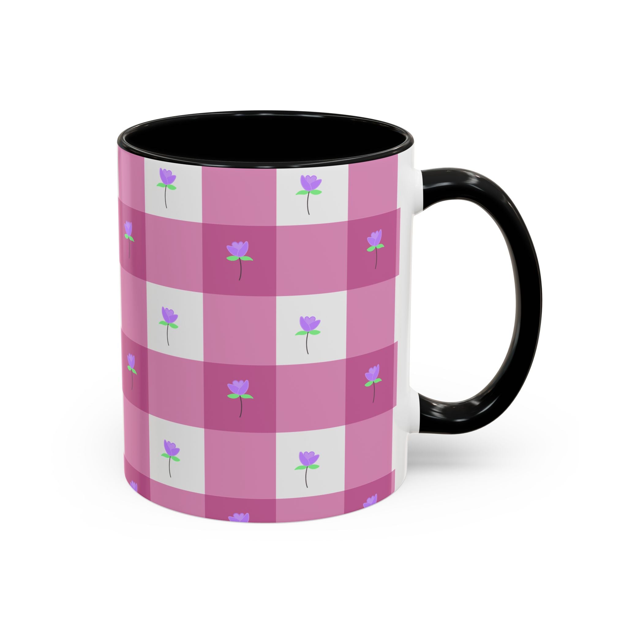 Pink Gingham Tulip Heart Floral Accent Coffee Mug – Cute Purple Rose Pattern (11/15 oz)